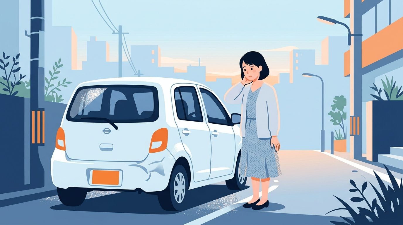 交通事故のあと、首の痛みに不安を抱える女性